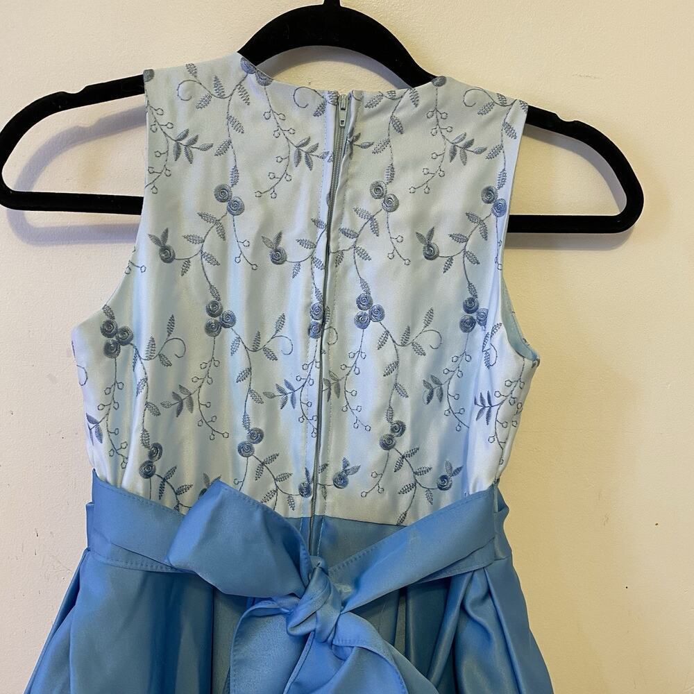 Teen Girls Dress 10/12 Blue Satin Bow Festive Wedding Holiday Party Dance Formal - Picture 7 of 8